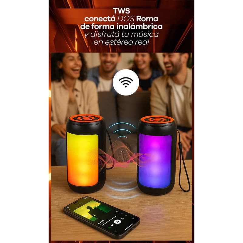 Parlante Bluetooth Portátil T-Go Roma SP0210 con Luces LED y Radio FM