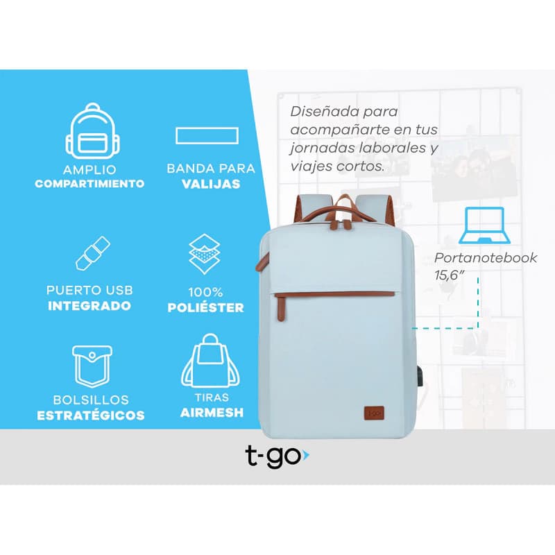 Mochila Ejecutiva T-Go EB104 Porta Notebook 15.6'' con Puerto USB Urban Aesthetic — Rosa / Liso