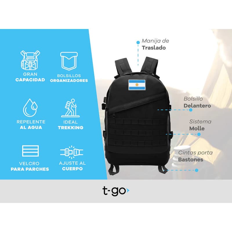 Mochila Táctica Reforzada para Camping y Trekking con Parches de Regalo T-GO EM170 — Negro / Liso