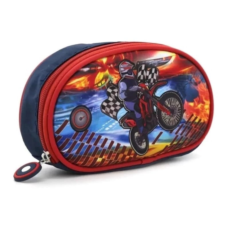 Cartuchera Escolar 3D Trendy T-Rex y Unicornio | Frente Rígido y Cierre Reforzado — Rojo con Azul Moto 14968