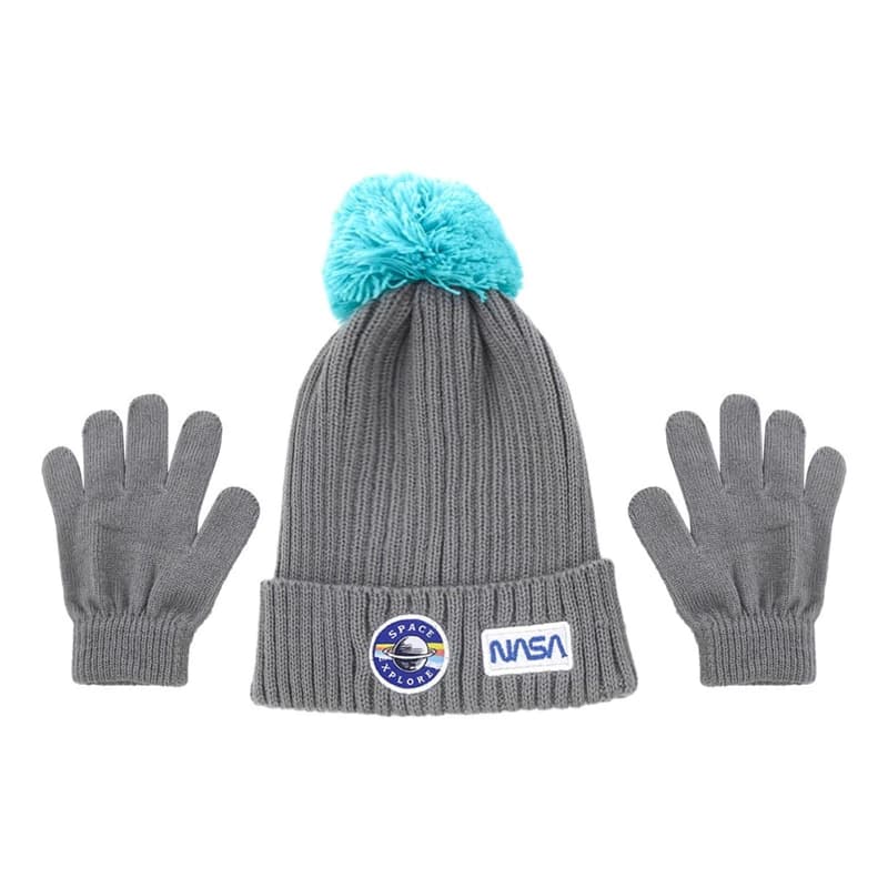Set Gorro con Pompón + Guantes Niños N.A.S.A — Acrílico abrigado 2 a 10 años — Gris
