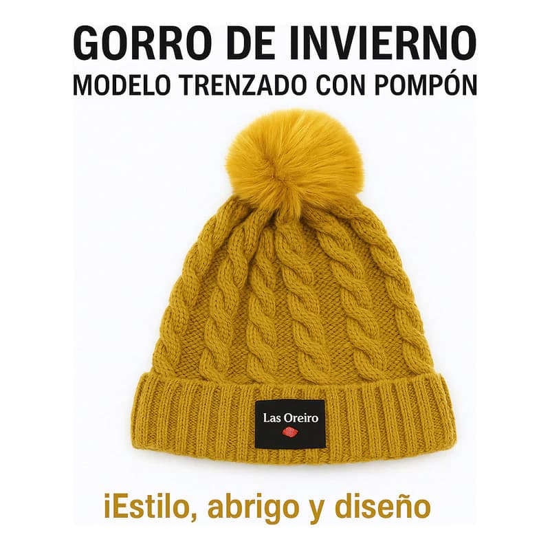 Gorro Trenzado con Pompón Las Oreiro Invierno 2025 - Abrigado y Estiloso — Mostaza / M