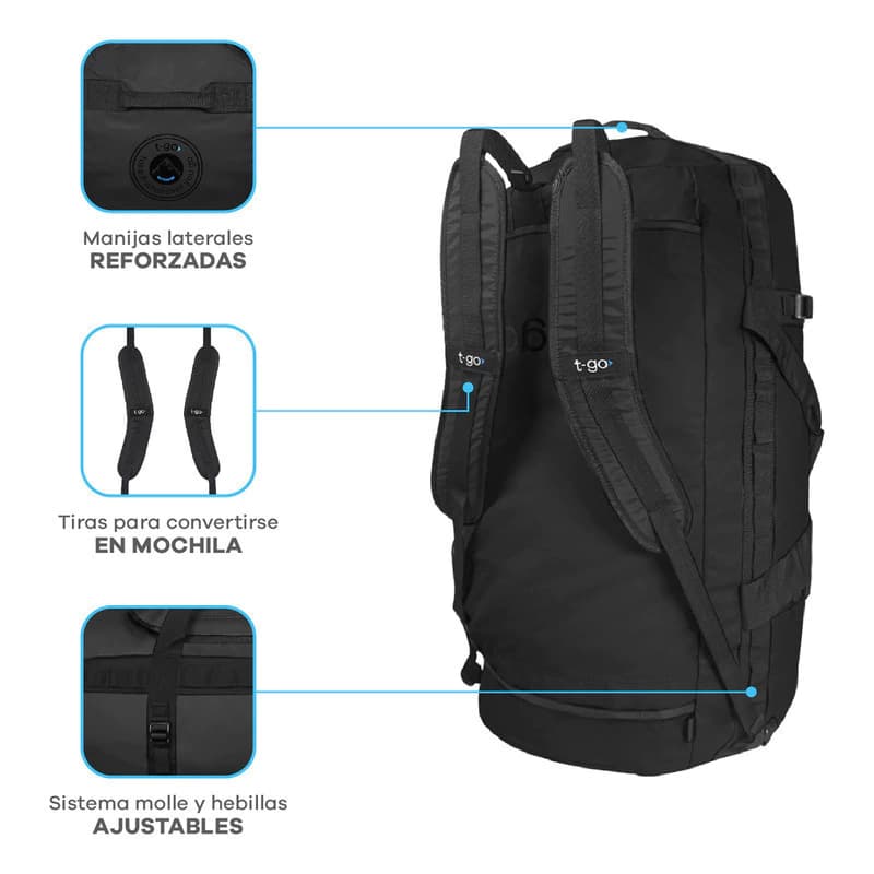 Bolso Deportivo T-Go 88L Convertible a Mochila — Lona Reforzada — Gris