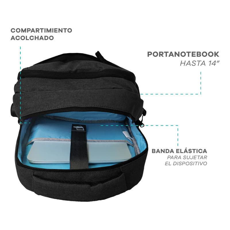 Mochila Urbana Porta Notebook con Candado y Bolsillo Térmico T-Go EB101 — Negro / Liso