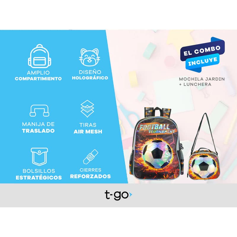Kit Escolar Jardín Mochila + Lunchera Térmica T-Go | Talle Inicial, Espalda Acolchada — Negro / Fútbol