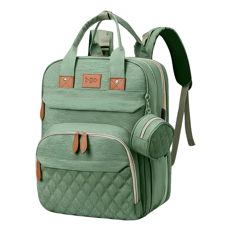 Mochila Maternal T-GO 3 en 1 con Cuna, Cambiador y Mosquitero — Verde / Liso jaspeado