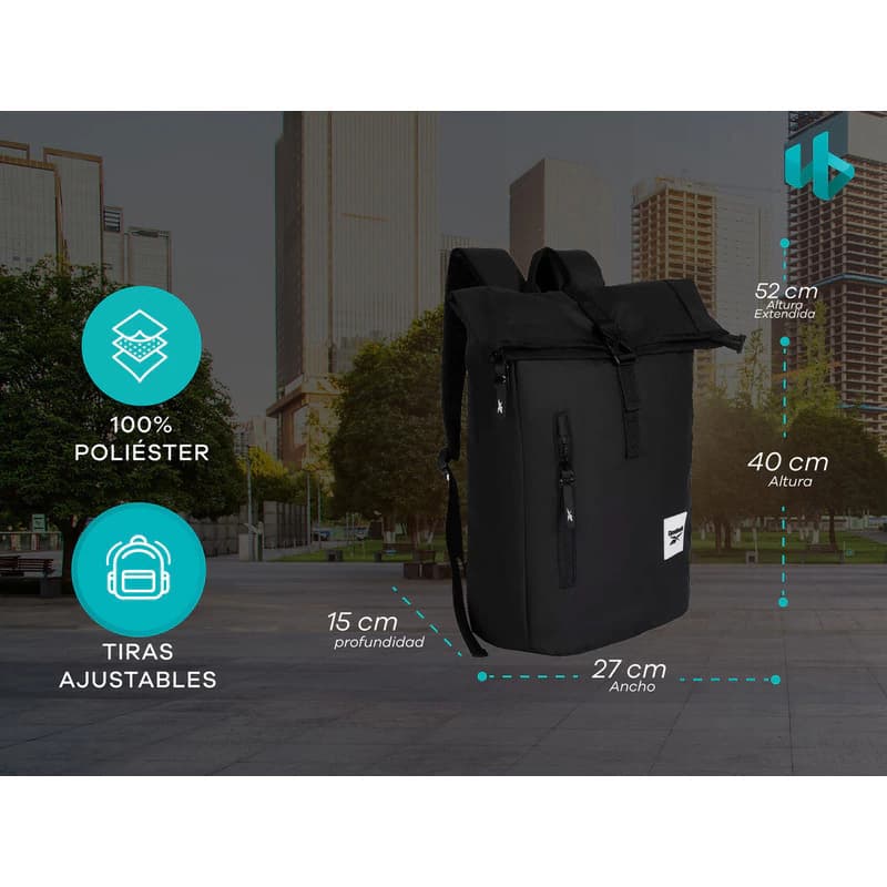 Mochila Roll Top Reebok Porta Notebook 15,6" Urbana 16 L – Negro