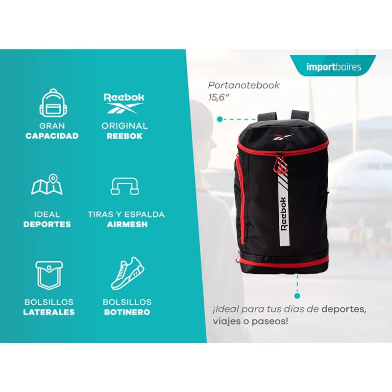 Mochila Deportiva Reebok 36L con Compartimento Notebook 15,6" Unisex — Negro 60039 / Liso