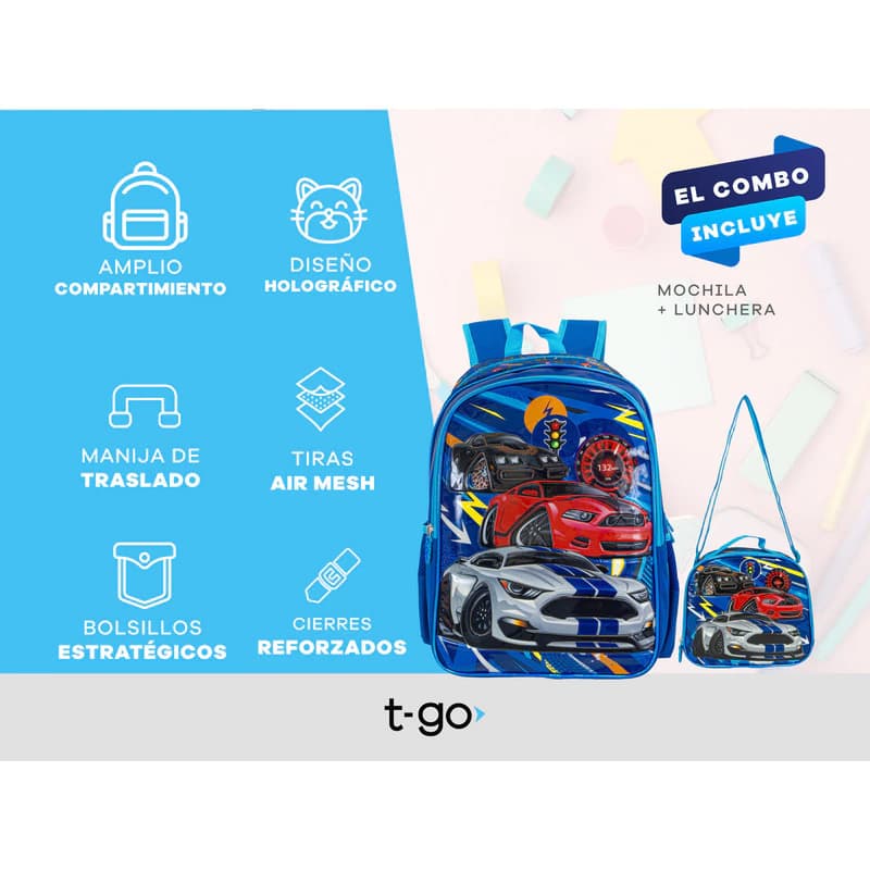 Mochila Escolar + Lunchera Térmica Infantil T-Go Primaria Nene 41cm