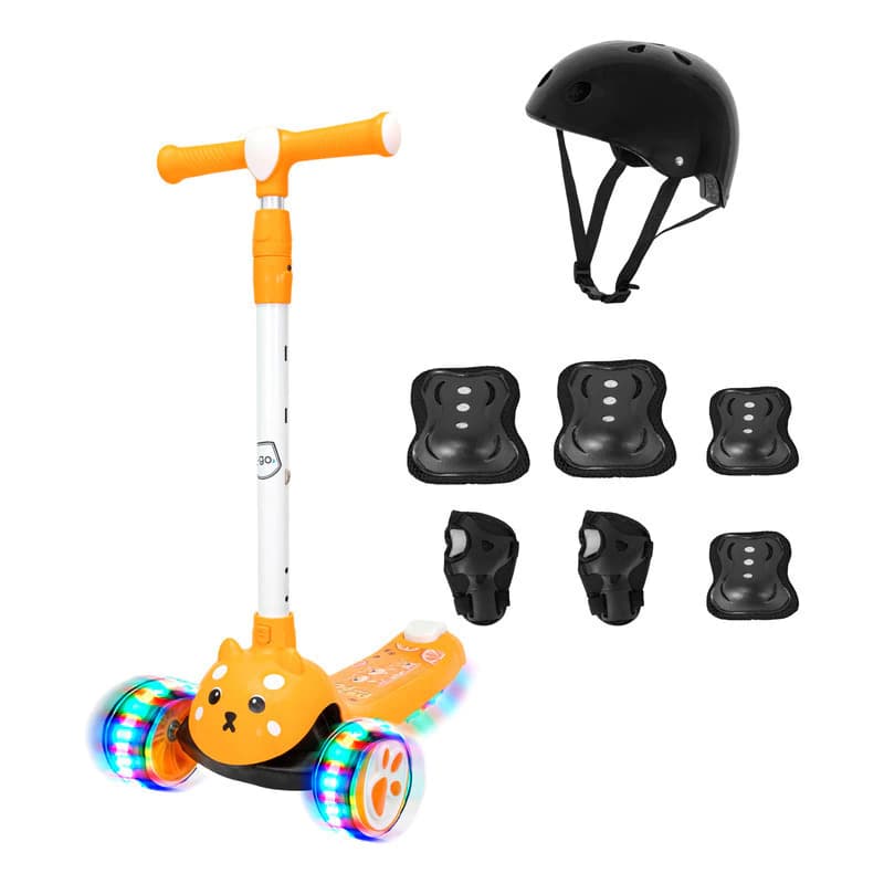 Monopatín 3 Ruedas T-Go SCO0331 con Luces LED + Casco y Protecciones — Niños 3 a 8 años — Naranja claro