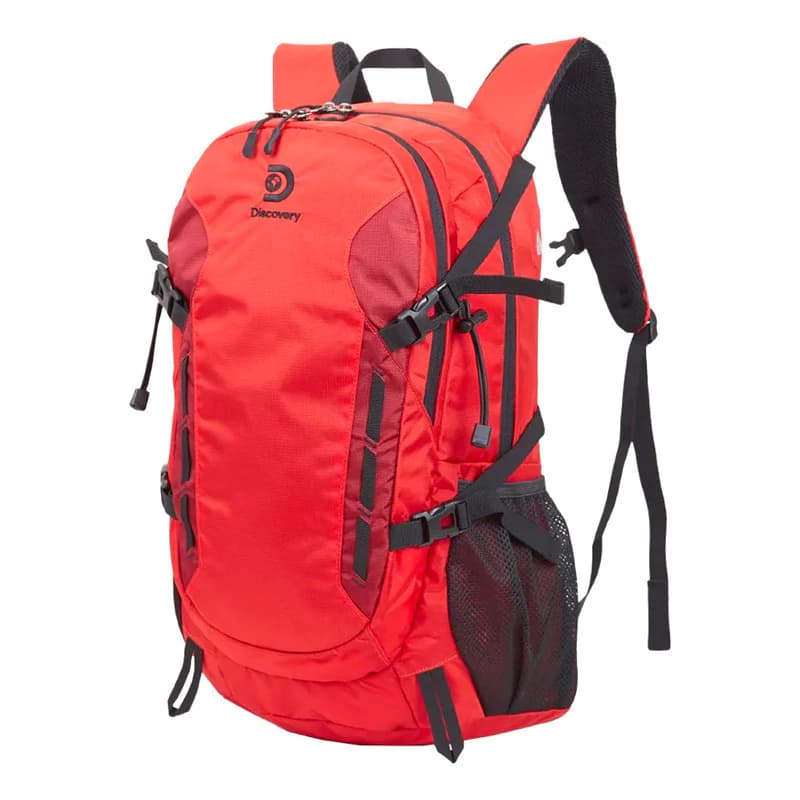 Mochila de trekking Discovery 40L impermeable con funda lluvia y portanotebook — Rojo / Liso