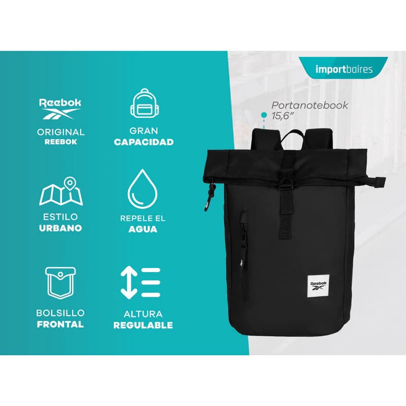 Mochila Reebok Roll Top Portanotebook 16L - Urbana Repelente al Agua