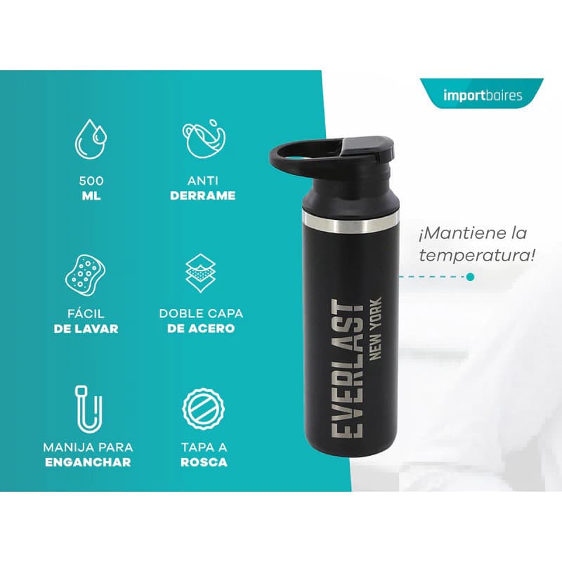 Botella Térmica Everlast Acero Inoxidable 500 ml con Manija – Libre de BPA