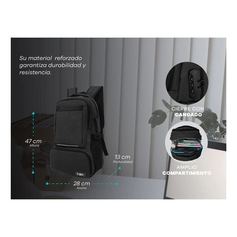 Mochila Urbana Porta Notebook con Candado y Bolsillo Térmico T-Go EB101 — Negro / Liso