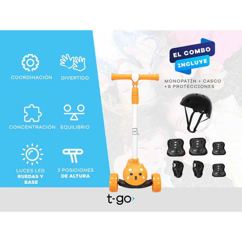 Monopatín 3 Ruedas T-Go SCO0331 con Luces LED + Casco y Protecciones — Niños 3 a 8 años — Azul