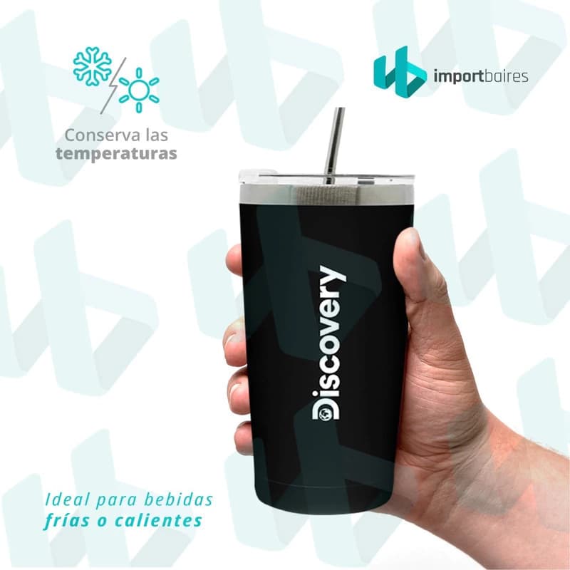 Vaso Térmico Discovery 600 ml Acero Inox Doble Pared con Tapa y Sorbete Metal — Blanco / Con sorbete y tapa