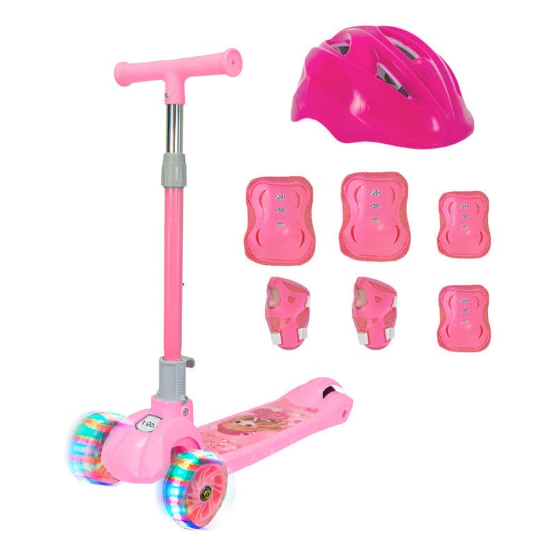 Monopatín 3 Ruedas T-Go SCO018 + Casco y Protecciones Niños — Plegable con Luces LED — Rosa II