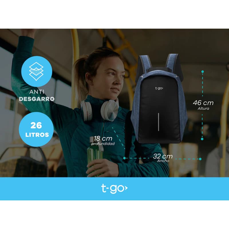 Mochila Urbana T-Go AB05 26L Antirrobo con Puerto USB y Porta Notebook 15.6"