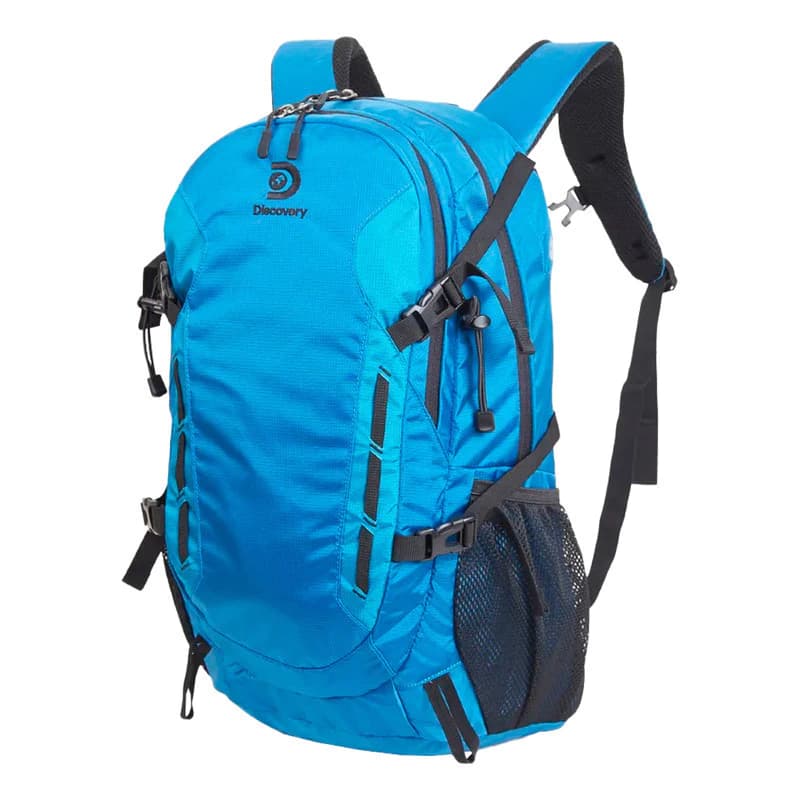 Mochila de trekking Discovery 40L impermeable con funda lluvia y portanotebook — Azul / Liso