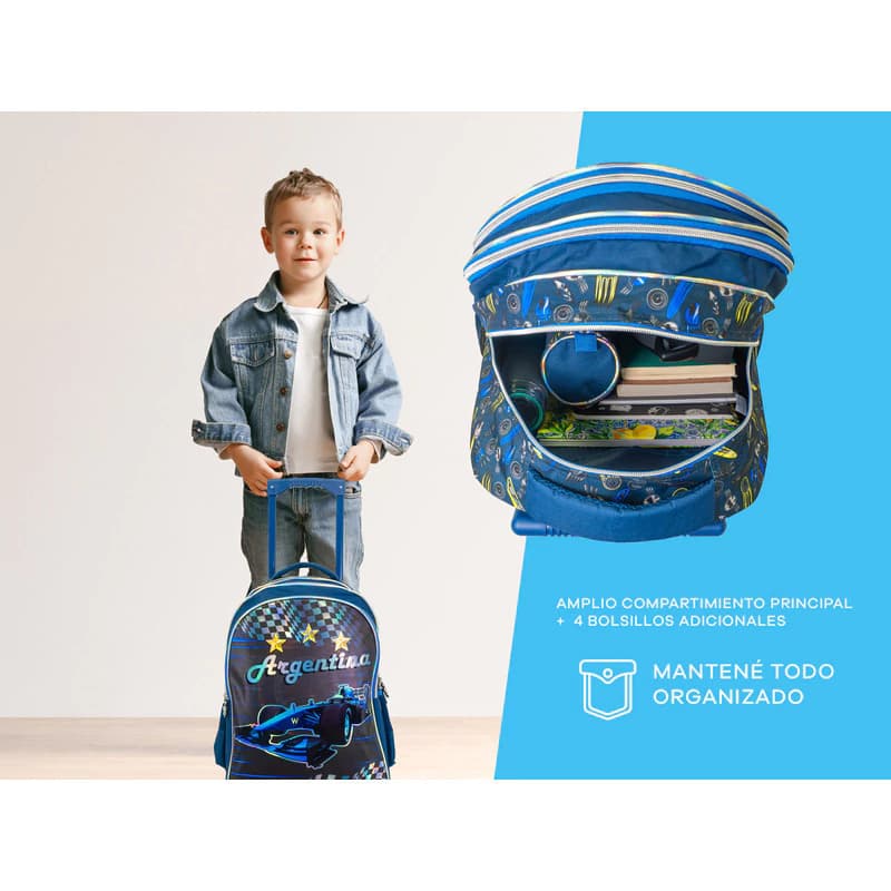 Mochila Escolar con Carrito T-Go QD16 18" | 37L, Base ABS y Ruedas de Silicona — Azul marino / Estampado