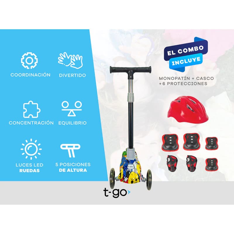 Monopatín 3 Ruedas T-Go SCO018 + Casco y Protecciones Niños — Plegable con Luces LED — Rojo