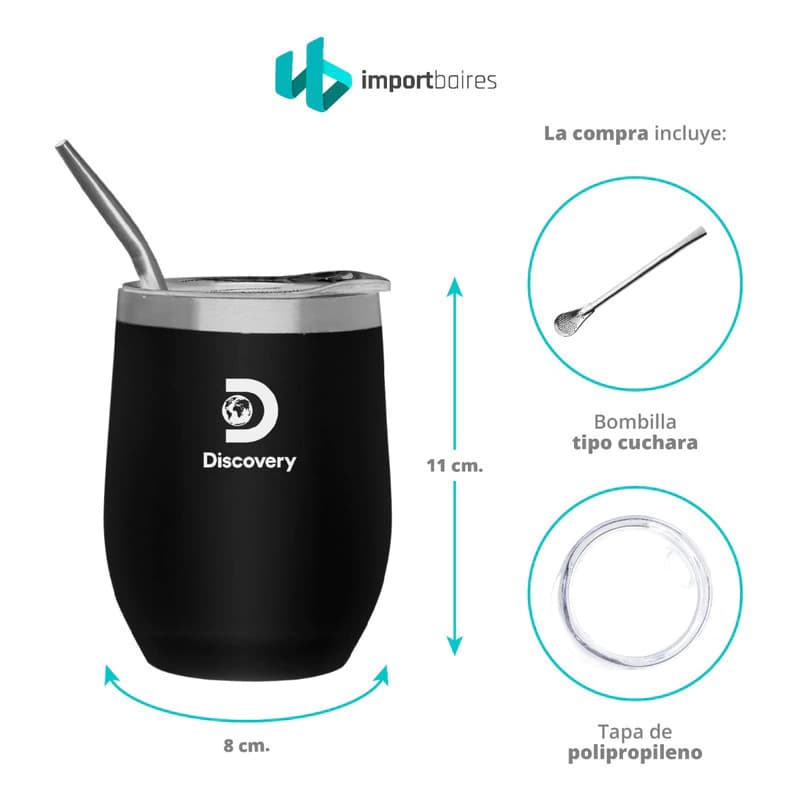 Mate Con Tapa Y Bombilla Acero Inoxidable Termico Frio Calor — Negro