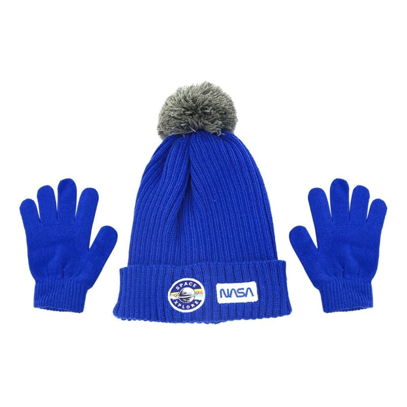 Set Gorro con Pompón + Guantes Niños N.A.S.A — Acrílico abrigado 2 a 10 años — Azul Francia