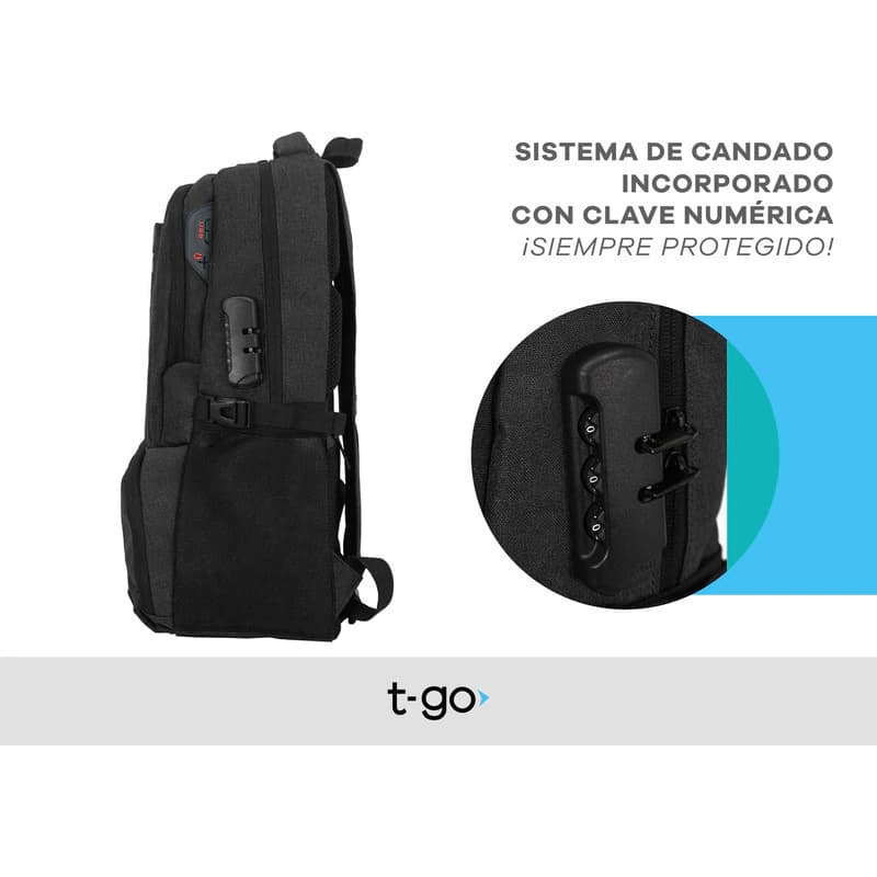 Mochila Urbana Porta Notebook con Candado y Bolsillo Térmico T-Go EB101 — Negro / Liso