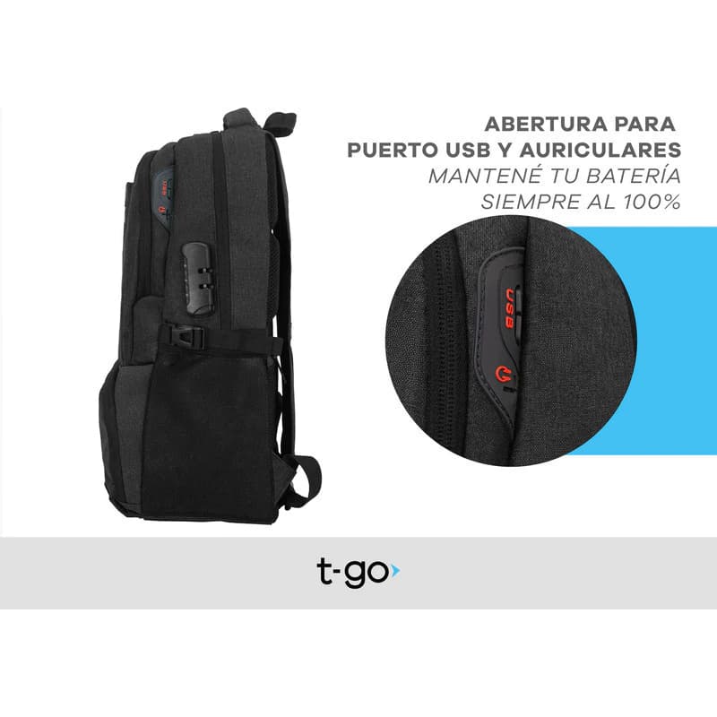 Mochila Urbana Porta Notebook con Candado y Bolsillo Térmico T-Go EB101 — Negro / Liso