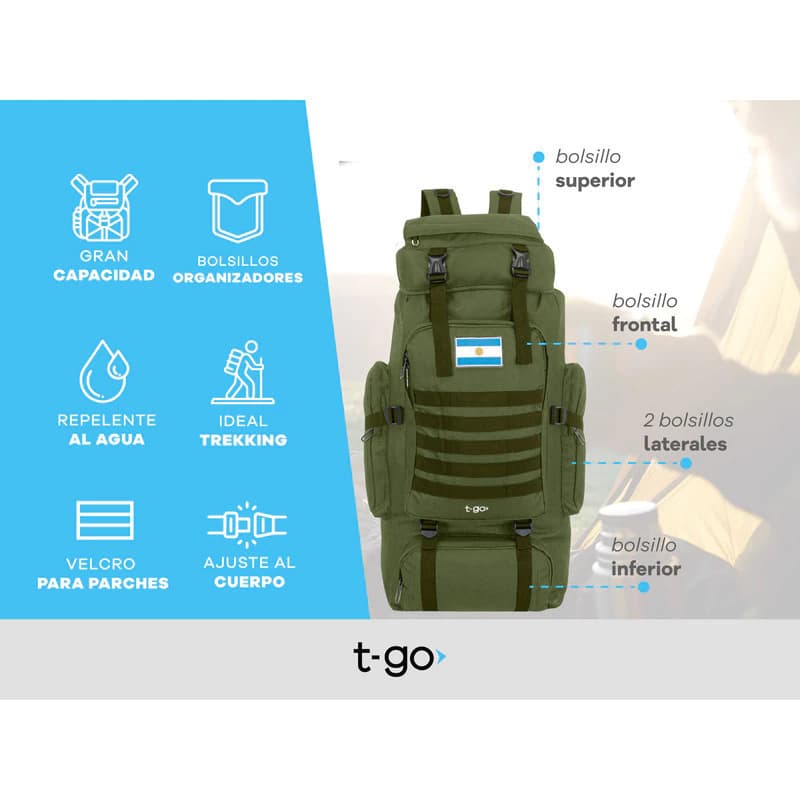Mochila Trekking y Camping 70 Litros T-Go | Nylon Reforzado con Sistema Air Fluid — Negro / Liso
