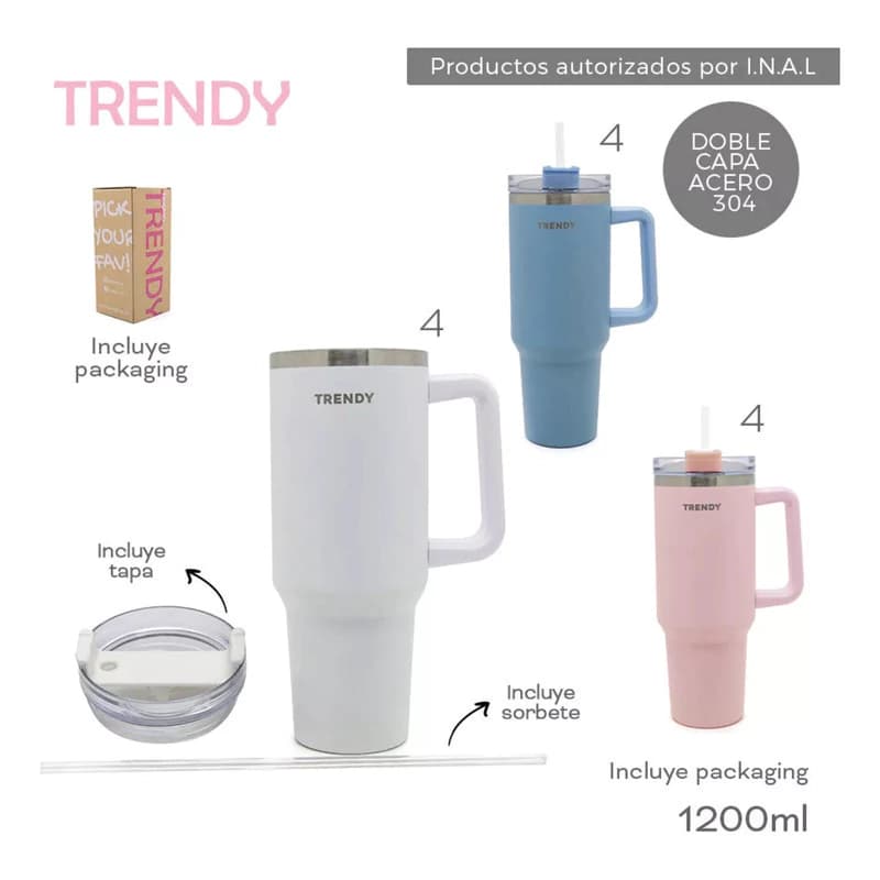 Vaso Térmico Trendy 1200 ml Acero Inoxidable con Sorbete y Manija — Rosa 17513 / Lisa