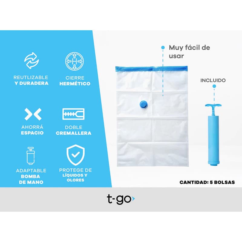 Bolsas al Vacío T-Go 60x80 cm x5 + Bomba Manual — Ahorrá espacio en el placard