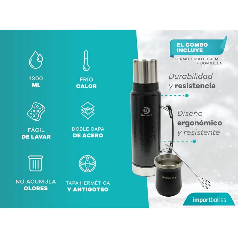 Kit Matero Discovery Adventure Termo 1,3 L Acero Inox + Mate Térmico + Bombilla — Rosa