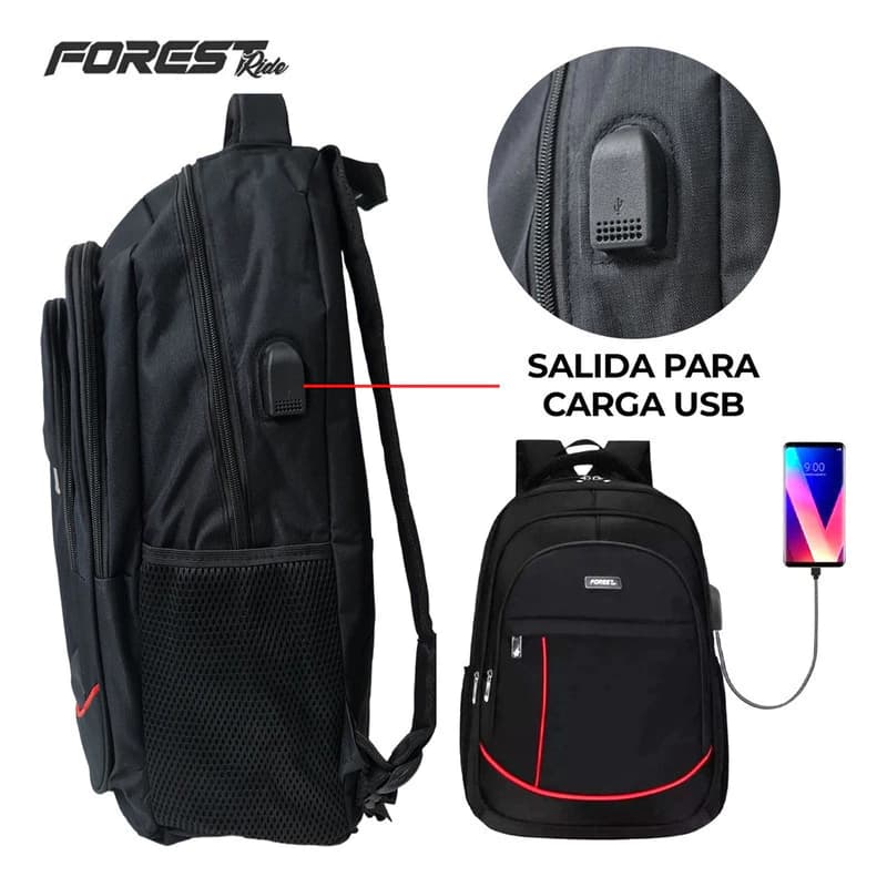 Mochila Porta Notebook Forest Ride con Puerto USB | 30 L | Impermeable | Negro