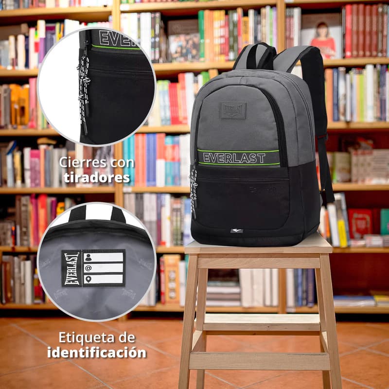 Mochila Everlast Urbana Porta Notebook 15,6" — 20 L, Nylon, 4 Bolsillos — Negro con gris / Liso