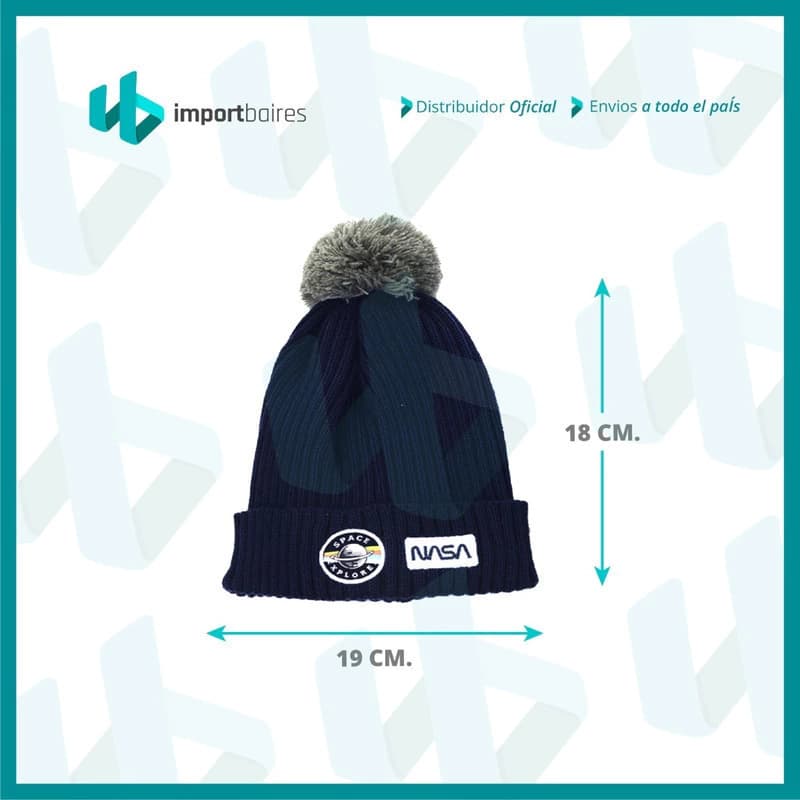 Set Gorro con Pompón + Guantes Niños N.A.S.A — Acrílico abrigado 2 a 10 años — Azul oscuro