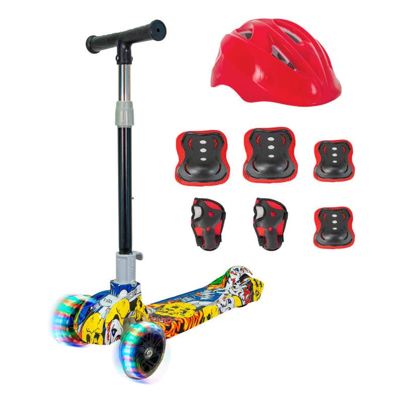 Monopatín 3 Ruedas T-Go SCO018 + Casco y Protecciones Niños — Plegable con Luces LED — Rojo
