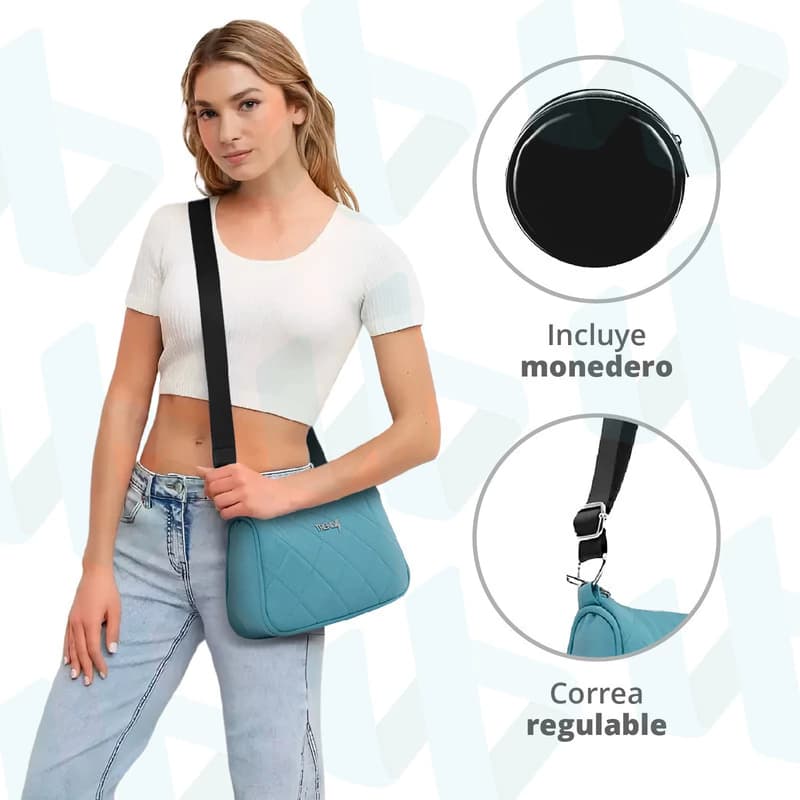Cartera Mini Bags Trendy Porta Celular Bandolera Acolchada — Aqua 27203 / Negro / Liso