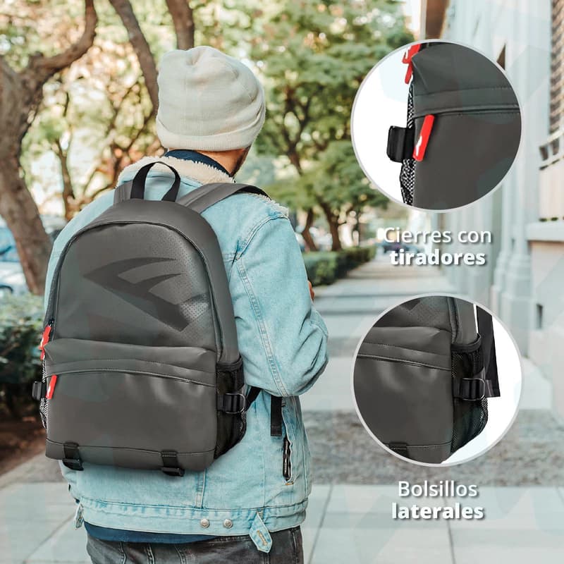 Mochila Portanotebook Everlast Urbana Eco Cuero PU 15,6" | 14L Unisex — Gris / Liso