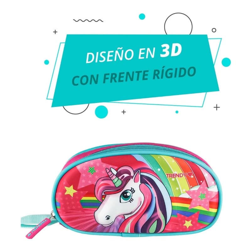 Cartuchera Escolar 3D Trendy T-Rex y Unicornio | Frente Rígido y Cierre Reforzado — 14965 Fucsia