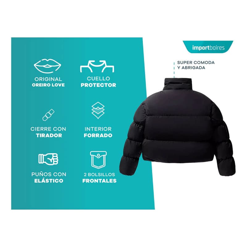 Campera Puffer | Oreiro Love — Negro / Lisa / S