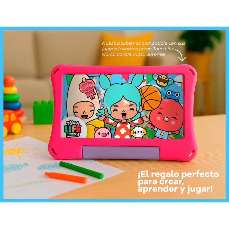 Tablet T-GO Kids 8" Android 14 con 2 Joysticks, 4GB RAM, 64GB, Realidad Aumentada y Funda Antigolpes - Rosa,