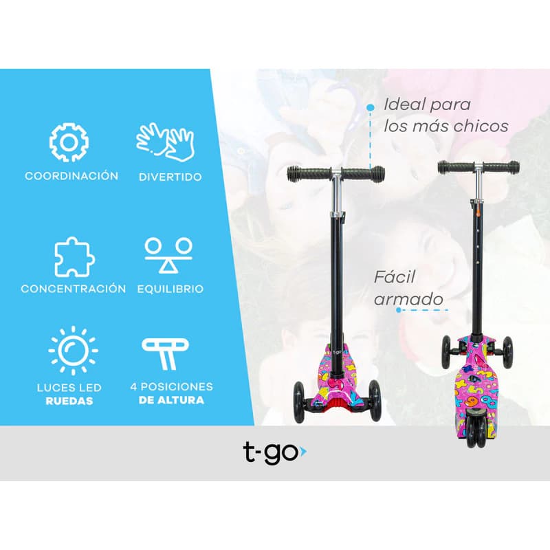 Monopatín Infantil T-Go con Luces LED y Freno | Numbers Pink | 3 a 14 años
