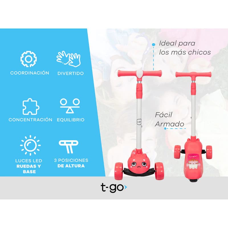 Monopatín Infantil Con Luces Led Altura Regulable Diseño Animalitos T-go Tigre Rosa