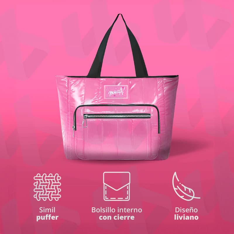 Bolso Cartera Muaa Símil Puffer Grande con Bolsillos — Estilo Urbano — Brillante / Negro 16383 / Negro