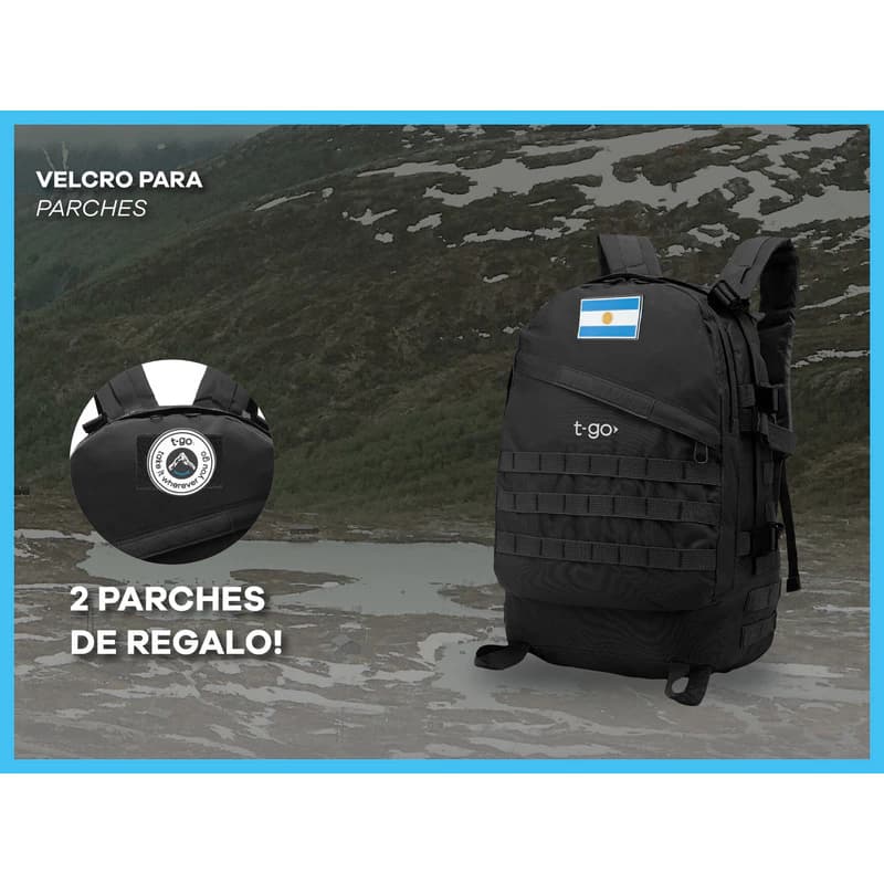 Mochila Táctica Reforzada para Camping y Trekking con Parches de Regalo T-GO EM170 — Negro / Liso