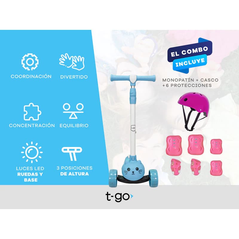 Monopatín 3 Ruedas T-Go SCO0331 con Luces LED + Casco y Protecciones — Niños 3 a 8 años — Azul