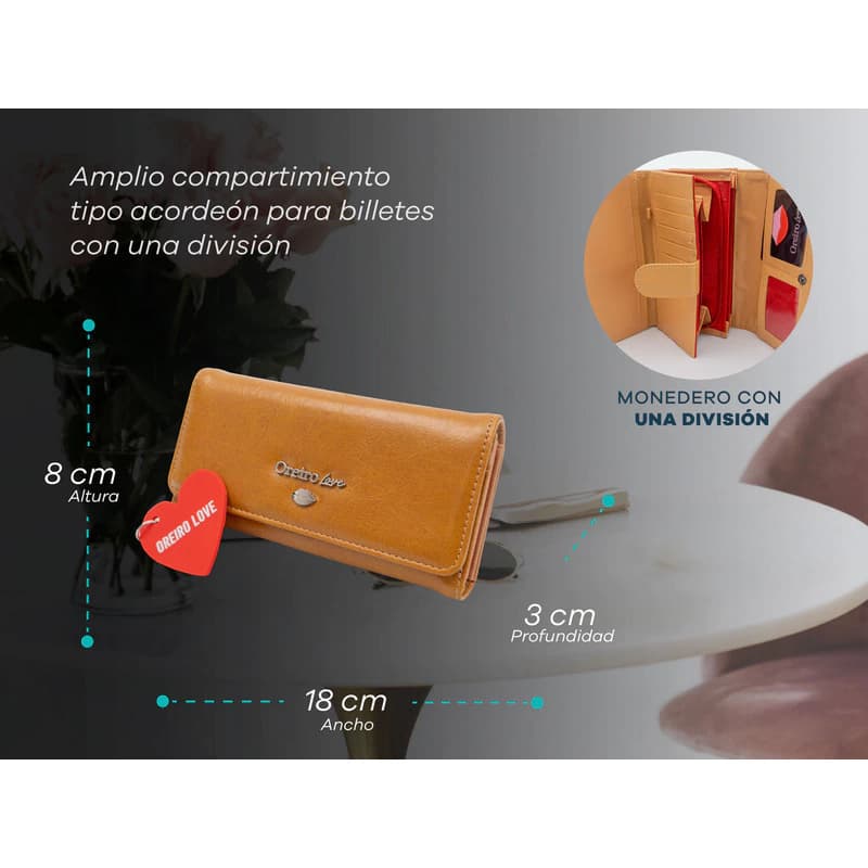 Billetera Fichero de Mujer Oreiro Love | Cuero Sintético con Monedero — Camel 27876 / Liso brillante