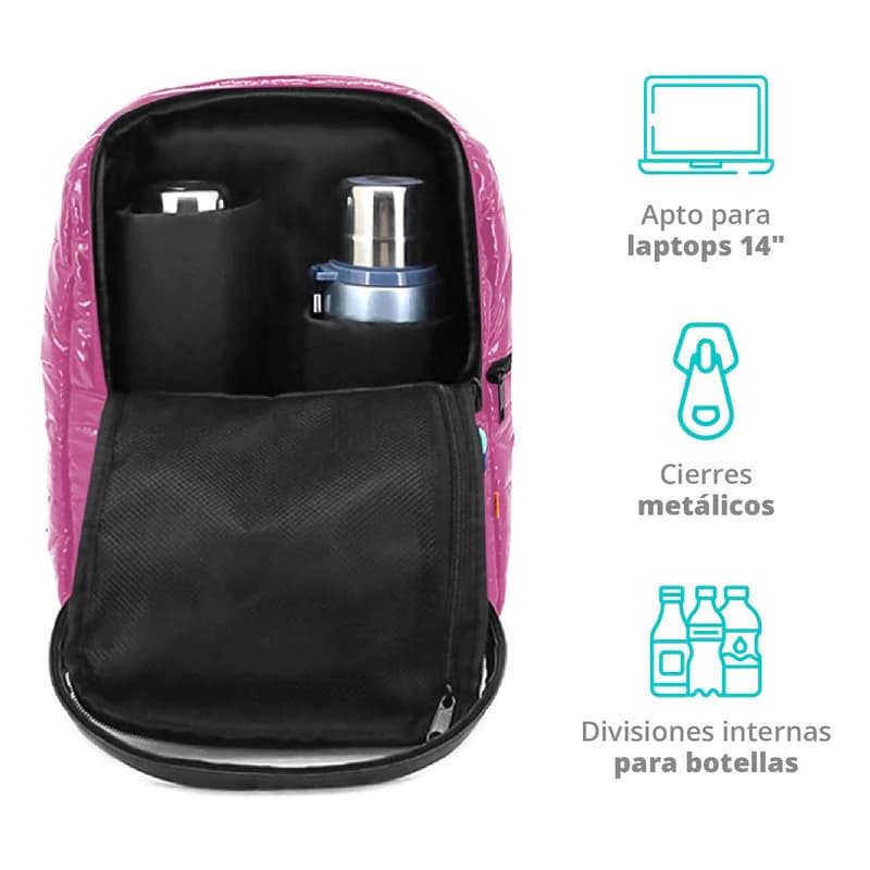 Mochila Urbana Trendy Símil Puffer 13L con Bolsillo para Termo y Notebook — Rosa chicle / Liso