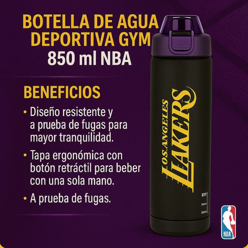 Botella Deportiva NBA 800ml Tapa Rebatible Libre de BPA con Medidor — Negro 16925